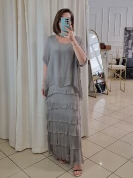 Katlı Uzun İpek Elbise Vizon İtalyan