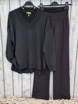 Oversize V Yaka İnce Triko Siyah Kazak