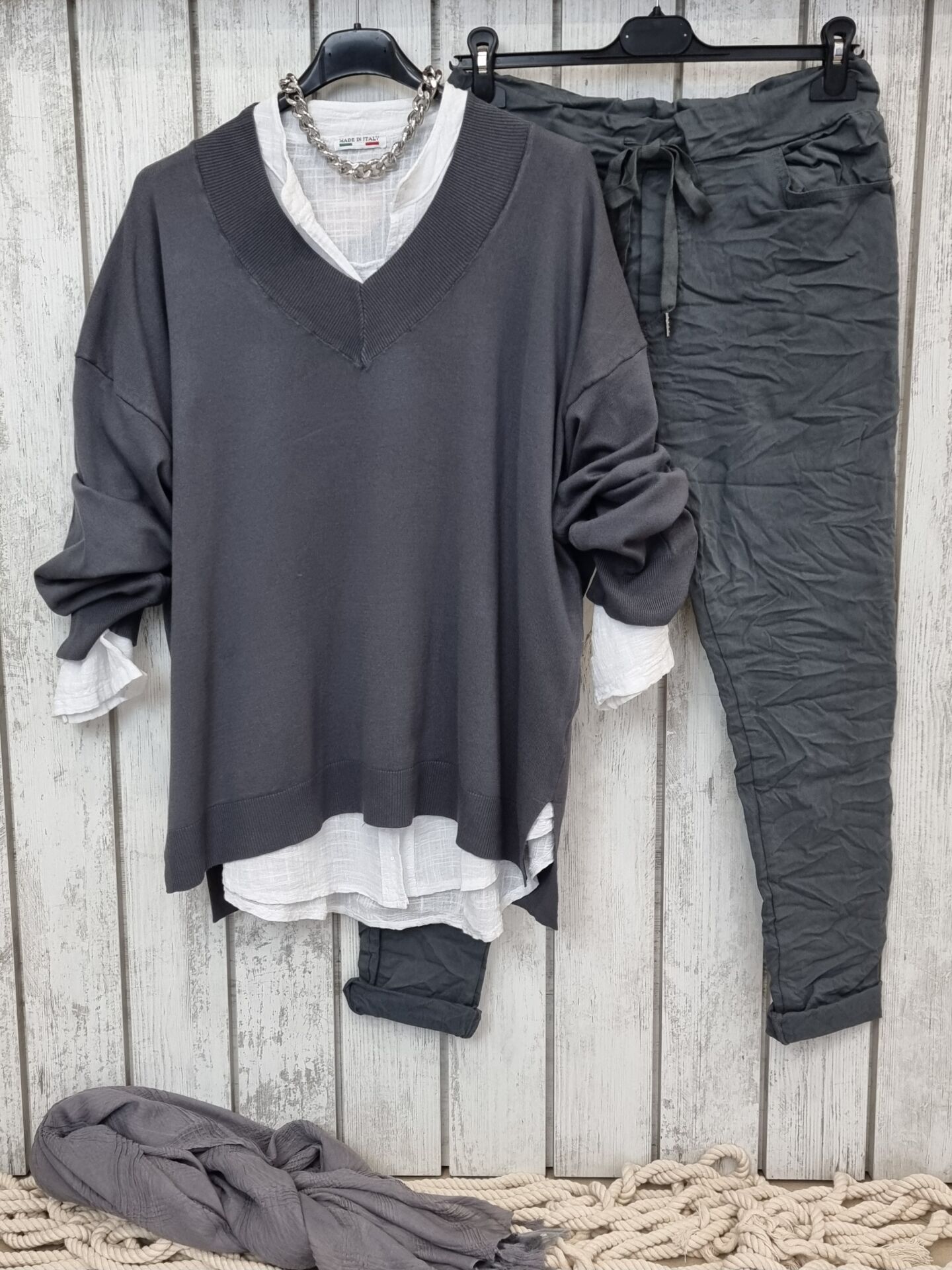 Oversize V Yaka İnce Triko Gri Kazak