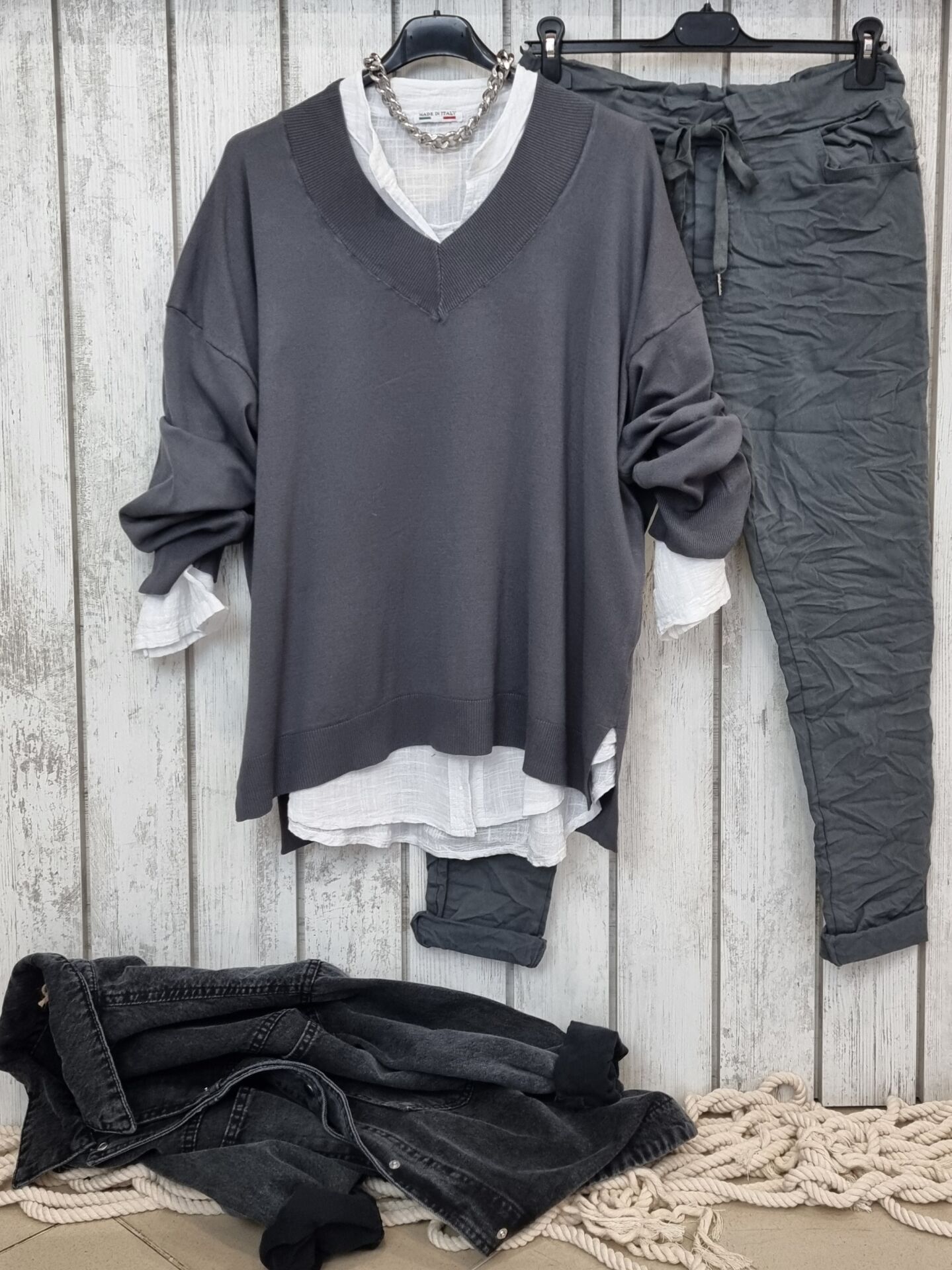 Oversize V Yaka İnce Triko Gri Kazak