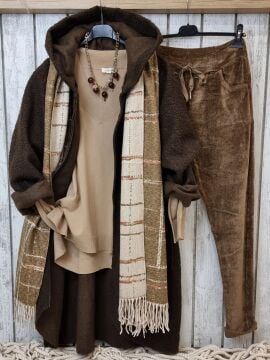 Kapüşonlu Uzun İtalyan Buklet Kaban Kahverengi