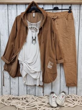 Bol Kesim İnce Kadife Sweat Ceket Camel