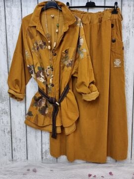 Bol Kesim Kadife Uzun Etek Hardal