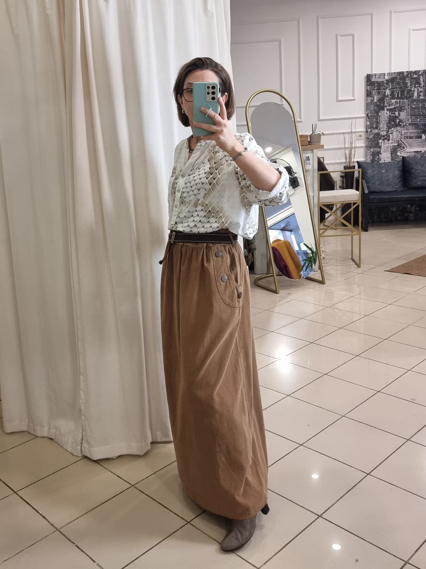 Bol Kesim Kadife Uzun Etek Camel