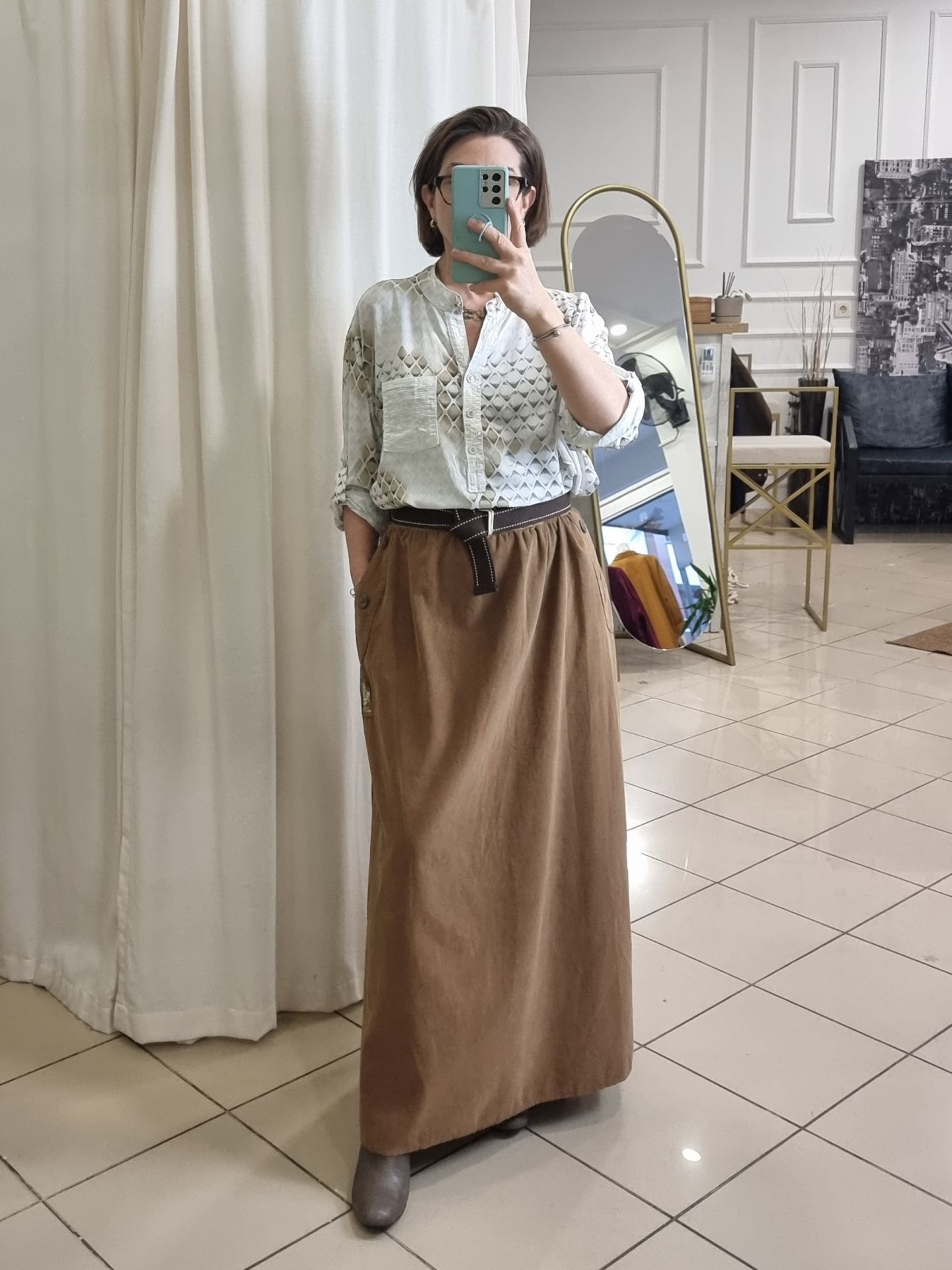 Bol Kesim Kadife Uzun Etek Camel