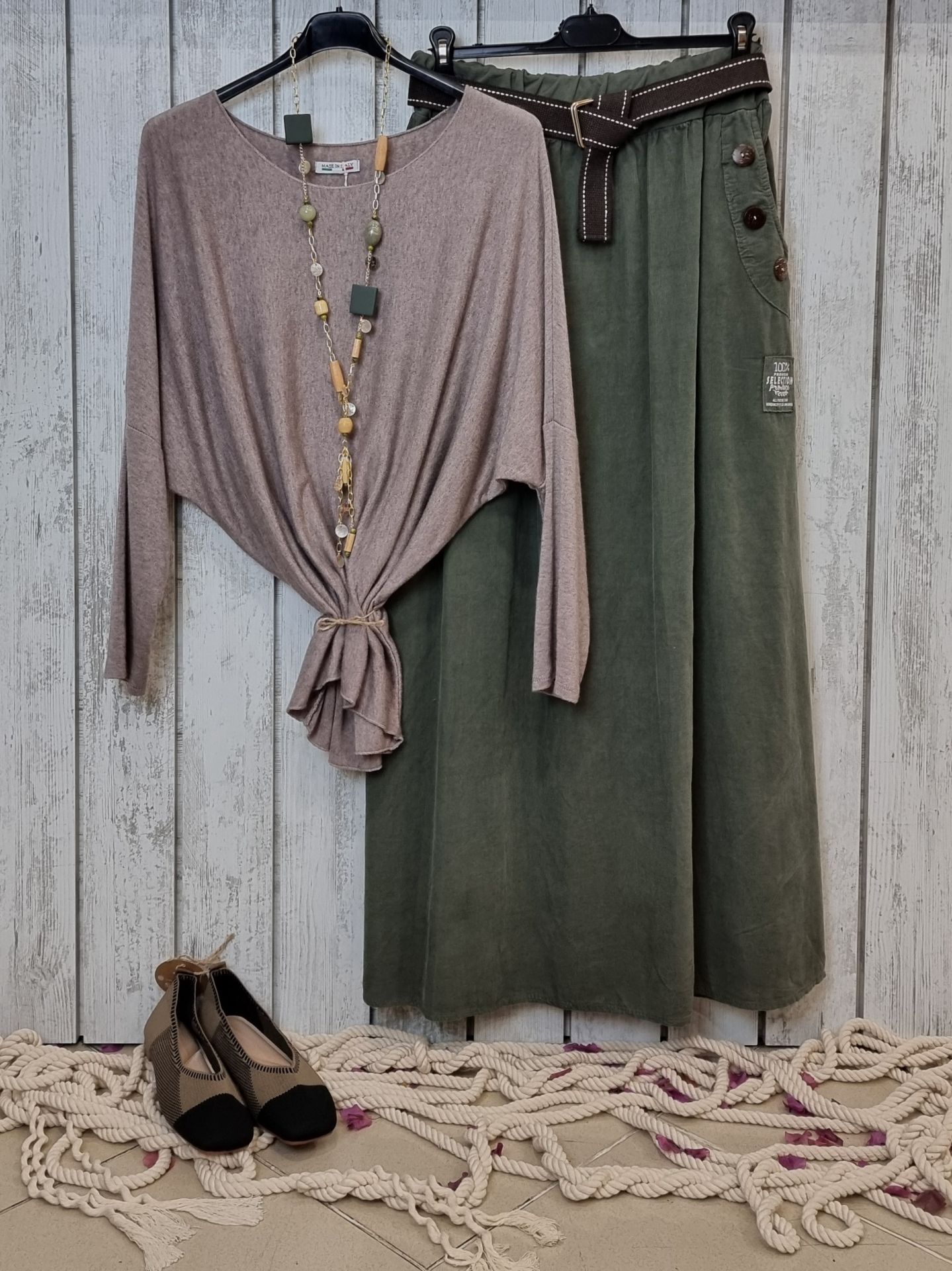 Bol Kesim Kadife Uzun Etek Haki