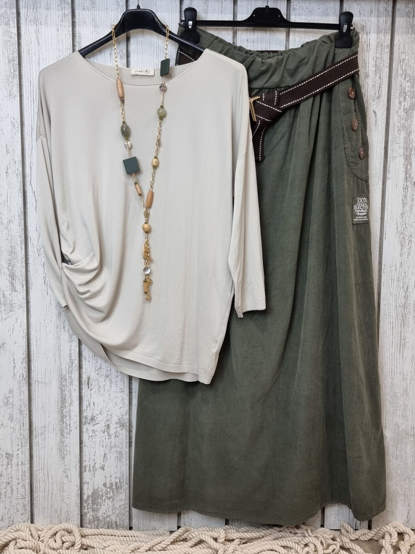 Bol Kesim Kadife Uzun Etek Haki