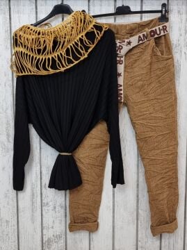 Kemerli Likralı İtalyan Kadife Pantolon Camel