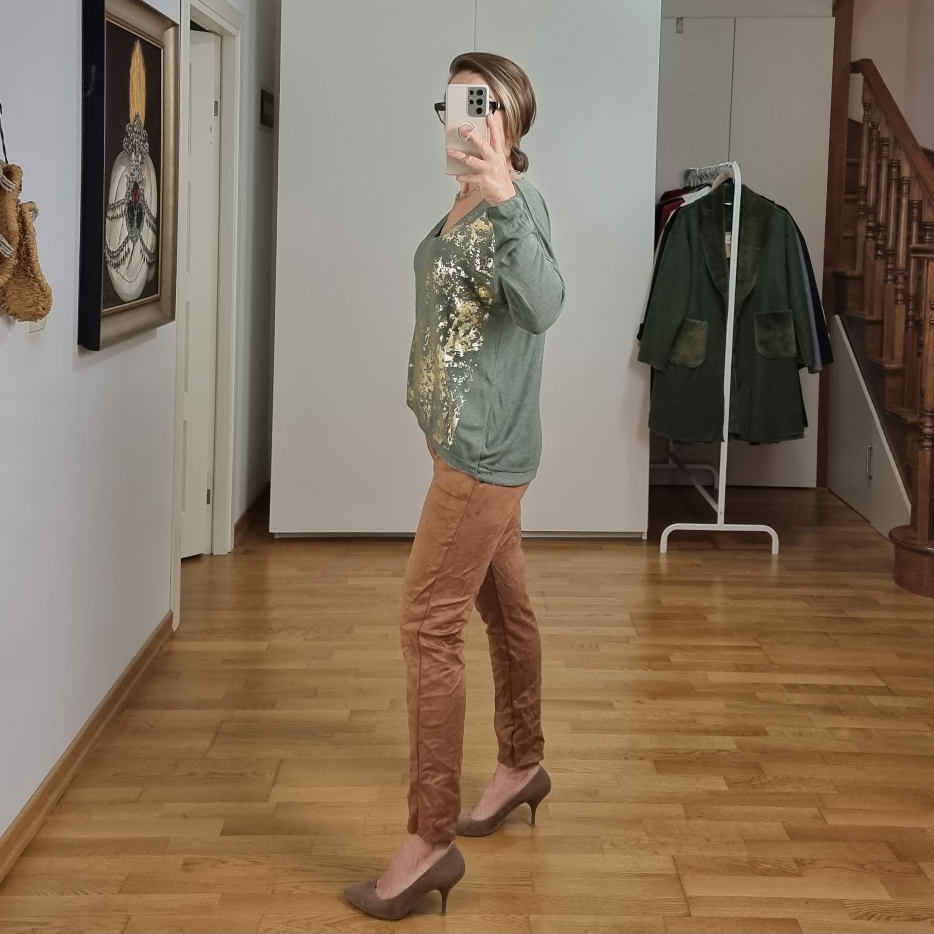 Varak Baskılı Triko Bluz Haki