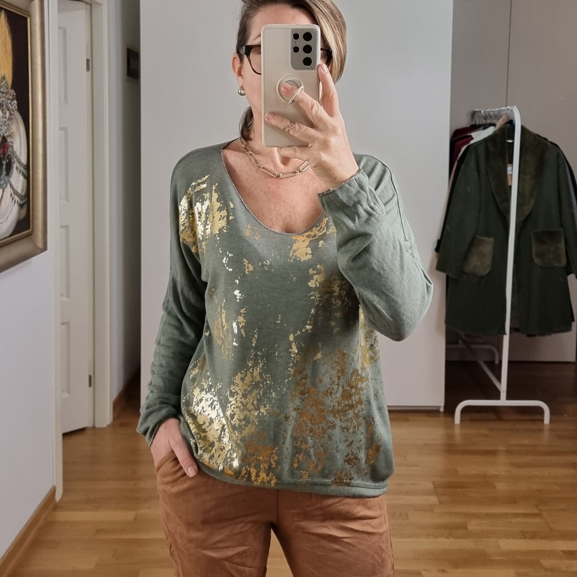 Varak Baskılı Triko Bluz Haki