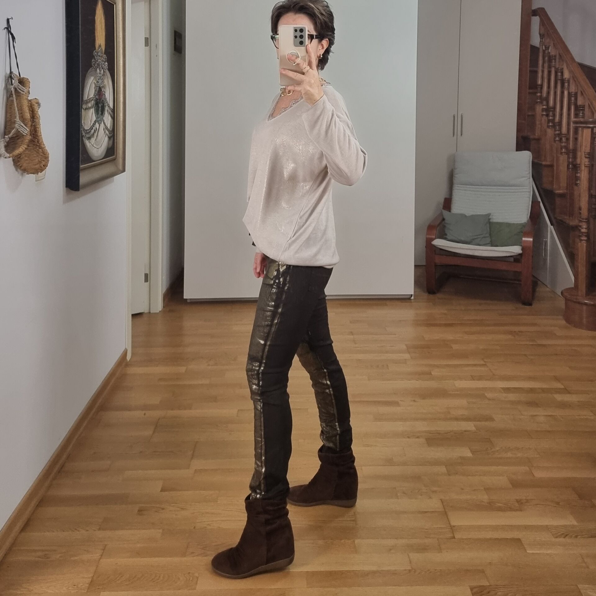 Gold Varaklı Triko Bluz Bej
