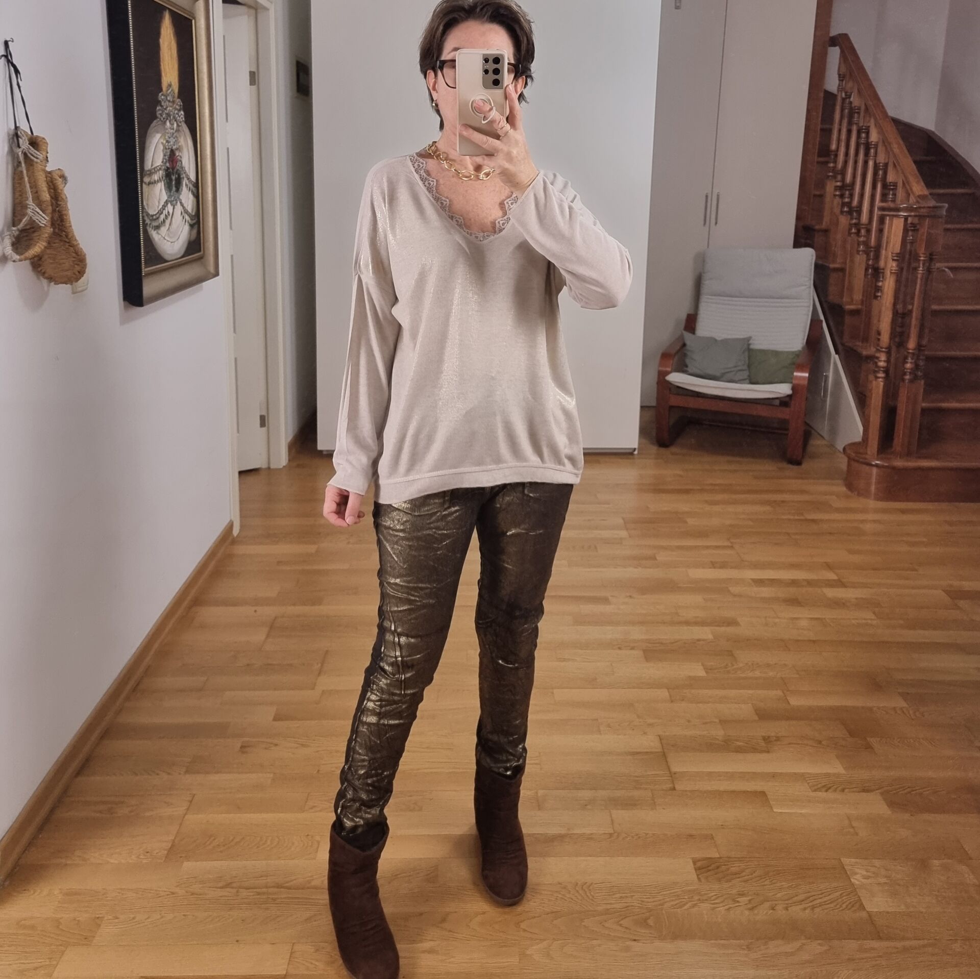 Gold Varaklı Triko Bluz Bej