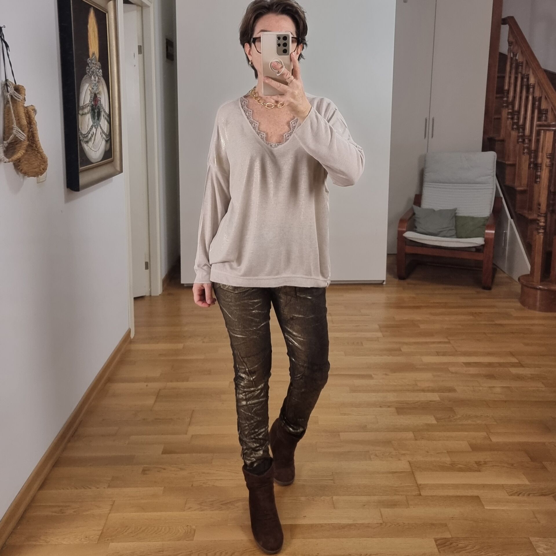 Gold Varaklı Triko Bluz Bej