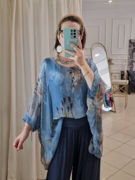 Desenli İpek Bluz Mavi