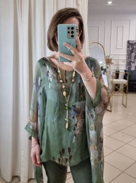 Desenli İpek Bluz Haki