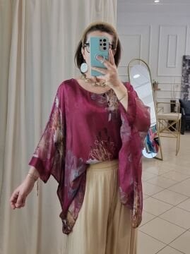 Desenli İpek Bluz Bordo