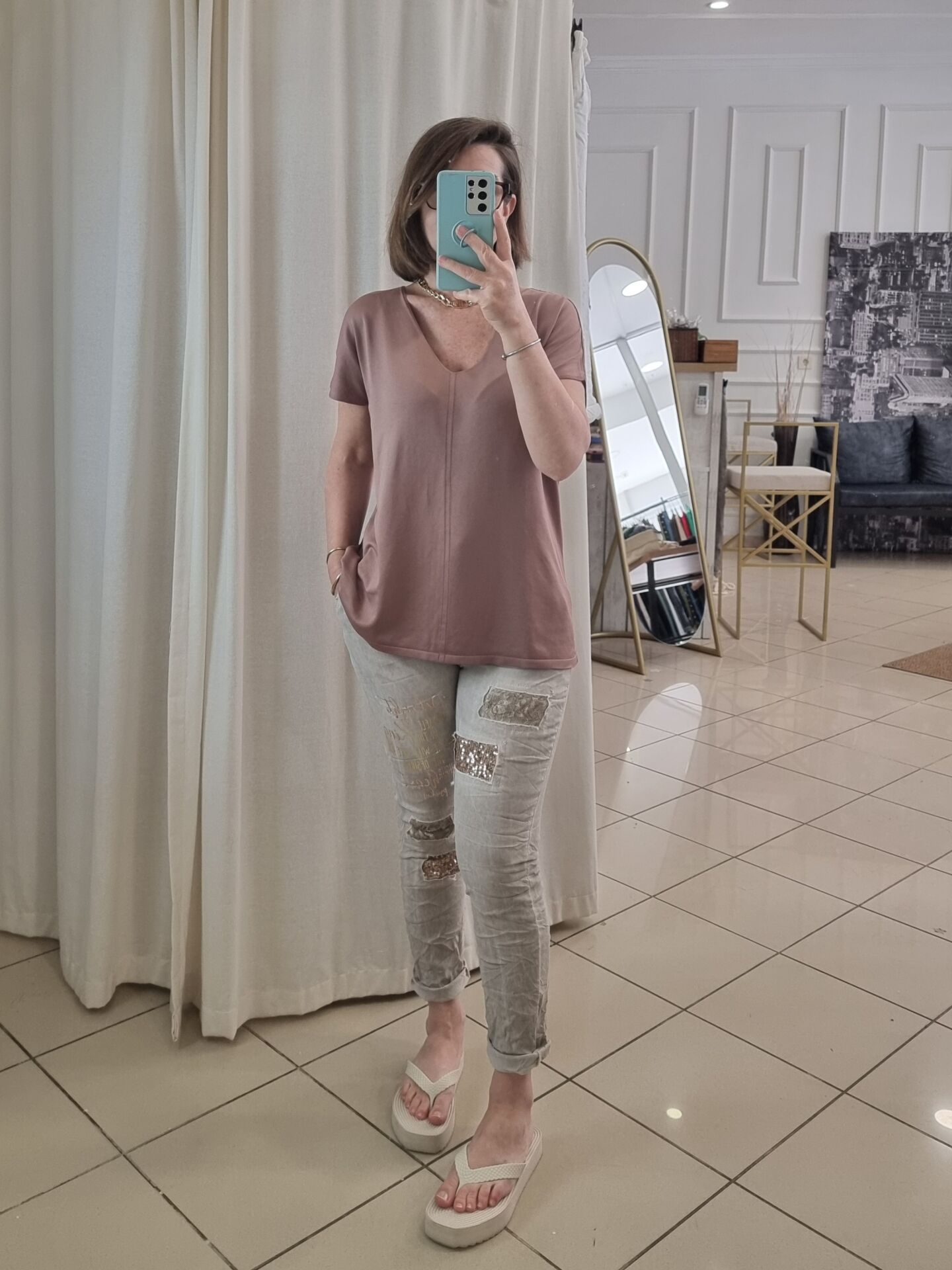 Yumuşak Triko V Yaka Tişört Kahve