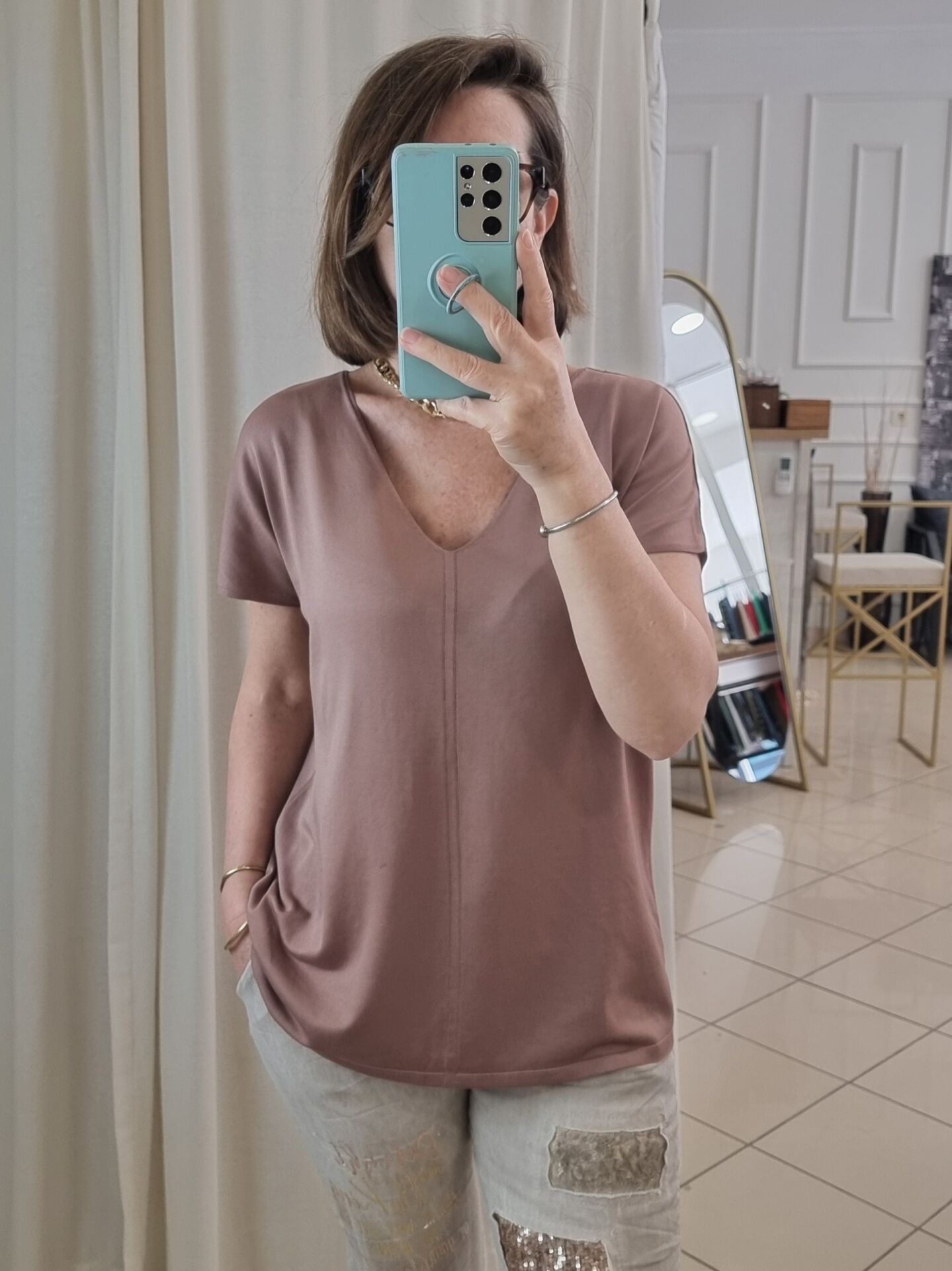 Yumuşak Triko V Yaka Tişört Kahve