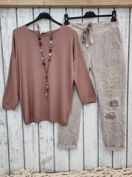 Payetli Likralı Pantolon Bej İtalyan