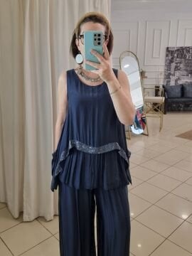 Katlı İpek Atlet Bluz Lacivert İtalyan