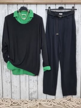 Plili Gabardin Pantolon Siyah