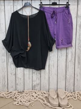 Yırtıklı Likralı İtalyan Mor Şort