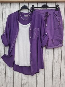 Yırtıklı Likralı İtalyan Mor Şort