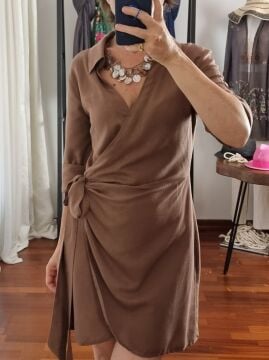 Slim Fit Keten Dokulu Kahverengi Mini Elbise