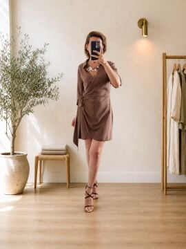 Slim Fit Keten Dokulu Kahverengi Mini Elbise