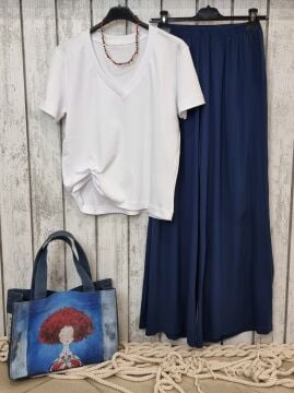 V Yaka Straight Pamuklu Beyaz Tişört