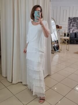 Katlı İpek Uzun Elbise Beyaz İtalyan