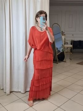 Katlı Uzun İpek Elbise Kırmızı İtalyan