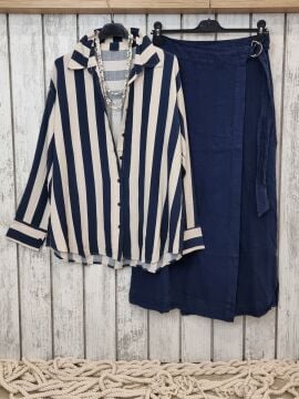 Çizgili Uzun Kollu Keten Gömlek Lacivert