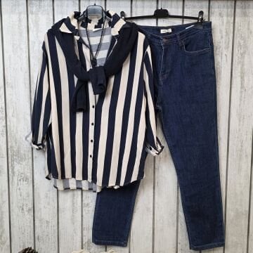 Çizgili Uzun Kollu Keten Gömlek Lacivert