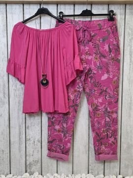 Çicek Desen Likralı İtalyan Pantolon Pembe