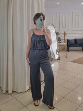 Fırfırlı Askılı Bluz Pantolon Takım Antrasit