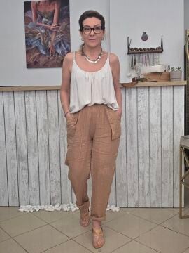 Cep Detaylı İtalyan Keten Pantolon Camel