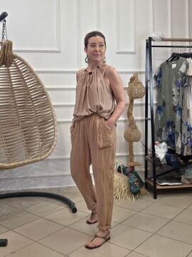 Cep Detaylı İtalyan Keten Pantolon Camel