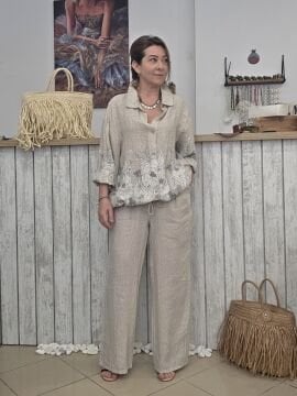 Bol Kesim İtalyan Keten Pantolon Bej
