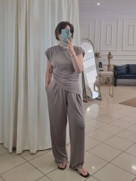 Asimetrik Modal Bluz Pantolon Takımı Vizon