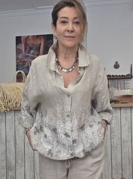 %100 Keten Desenli Bağcıklı Ceket Bej