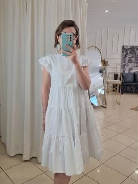 Saten Poplin Volanlı Beyaz Elbise