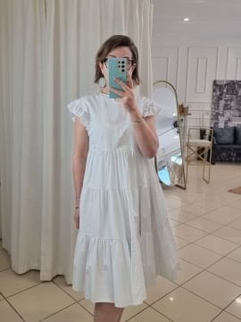 Saten Poplin Volanlı Beyaz Elbise