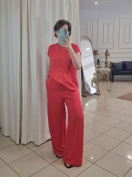 Dökümlü Viskon Kırmızı Bluz Pantolon Takım