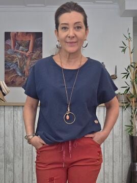 Düğmeli İtalyan Keten Bluz Lacivert