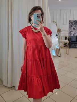 Saten Poplin Volanlı Kırmızı Elbise