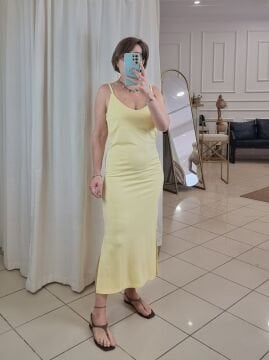 Askılı Uzun Streç Sarı Elbise