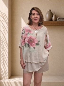 İncecik Pamuklu Katlı Bluz Desenli Bej