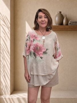 İncecik Pamuklu Katlı Bluz Desenli Bej