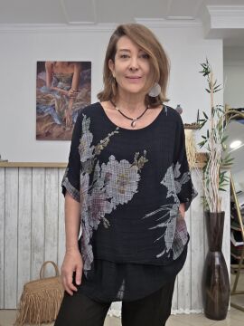 İncecik Pamuklu Katlı Bluz Desenli Siyah